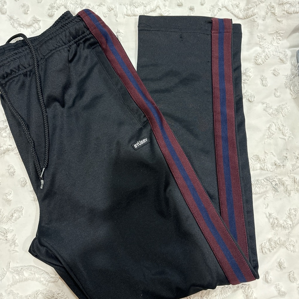 Stussy Black Pants with Red and Blue Stripes